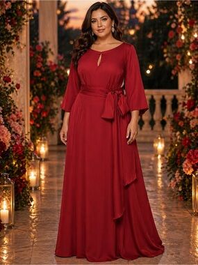 Plus-Size Red Tie-Waist Long Sleeve Maxi Dress